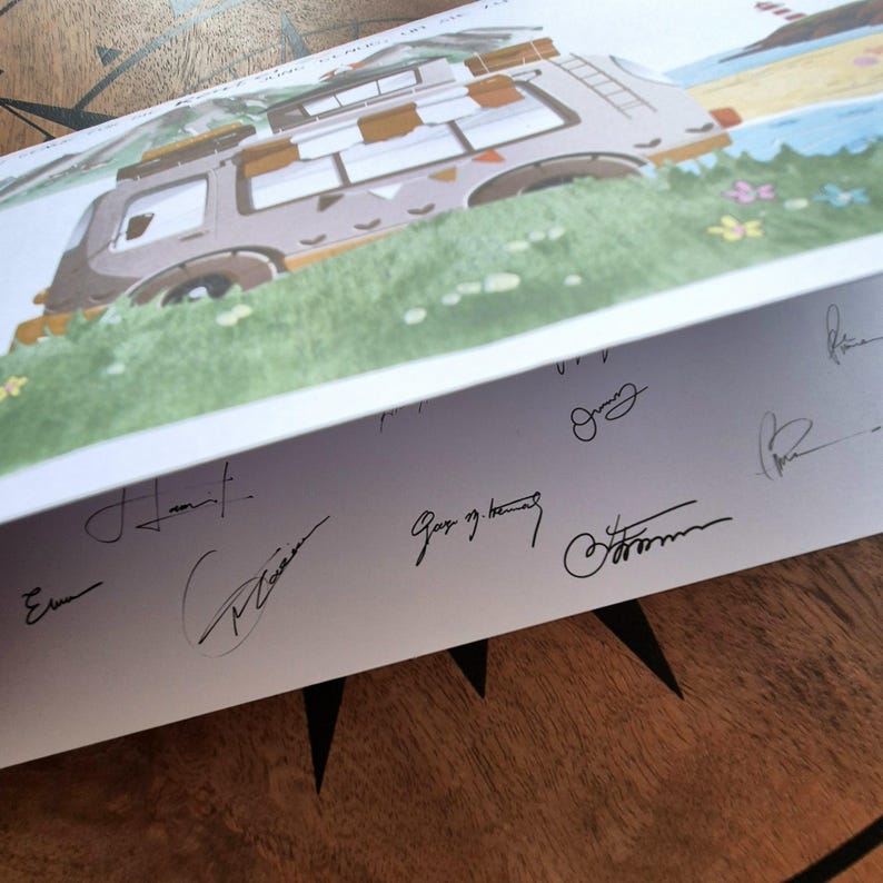 May include: An illustration of a camper van parked on a grassy area near a beach. The artwork features a brown and tan van with several windows and a roof rack. The bottom edge of the artwork displays several signatures.