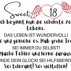 Puede incluir: Un gr&aacute;fico blanco con la palabra "Sweet" en cursiva, un coraz&oacute;n rojo con el n&uacute;mero "18" y alas de &aacute;ngel. El texto en alem&aacute;n dice "Para ti, comienza el momento m&aacute;s hermoso de la vida."