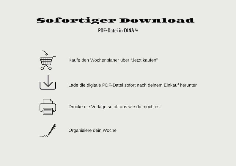 Puede incluir: Gr&aacute;fico de descarga digital con instrucciones en alem&aacute;n. El texto dice "Sofortiger Download" y "PDF-Datei in DINA 4". Incluye iconos para un carrito de compras, descarga, impresora y bol&iacute;grafo, con instrucciones.