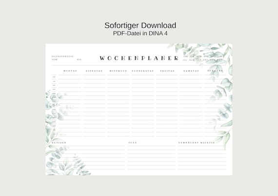Download Wochenplaner zum Ausdrucken PDF DIN A4 To-Do Liste Wochenplan mit Tagesplan Familien Planer mit Uhrzeiten digitaler DOWNLOAD