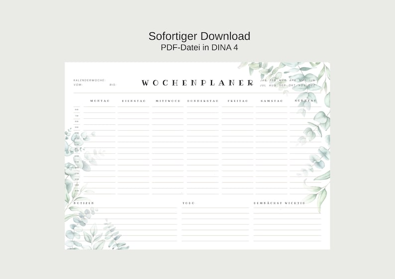 Wochenplaner; A4; DIN A4; digitaler Download; Eukalyptus design; mit Uhrzeiten