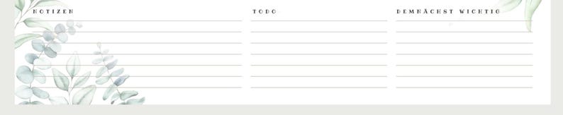 Puede incluir: Un bloc de notas blanco con p&aacute;ginas rayadas y encabezados para "Notizen", "Todo" y "Bemerkenswert Wichtig". El bloc de notas presenta hojas de eucalipto en acuarela en tonos verdes y grises.