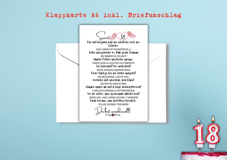 Puede incluir: Tarjeta de felicitaci&oacute;n blanca con texto en alem&aacute;n, dentro de un sobre blanco. La tarjeta est&aacute; sobre un fondo azul claro, con dos velas encendidas con la forma del n&uacute;mero 18. La tarjeta es para un Sweet 18 cumplea&ntilde;os.