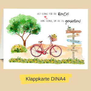 Rente Klappkarte A4 XXL Ruhestand Fahrrad Fahrradfahrerin Rentner Rentnerin Abschied Rente Kollegin Postkarte Grußkarte Geschenkkarte