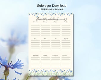 Descarga el calendario de cumpleaños con flores silvestres en formato A4 imprimible. Calendario perpetuo de flores para imprimir tú mismo.