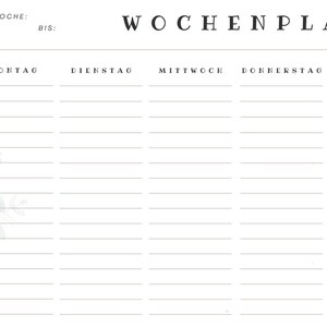 Puede incluir: Un planificador semanal blanco con el t&iacute;tulo "WOCHENPLANER" en una fuente elegante y en negrita. Los d&iacute;as de la semana se enumeran en la parte superior, con espacios de tiempo de 6:00 a 20:00. Un dise&ntilde;o de eucalipto en acuarela decora el lado izquierdo.
