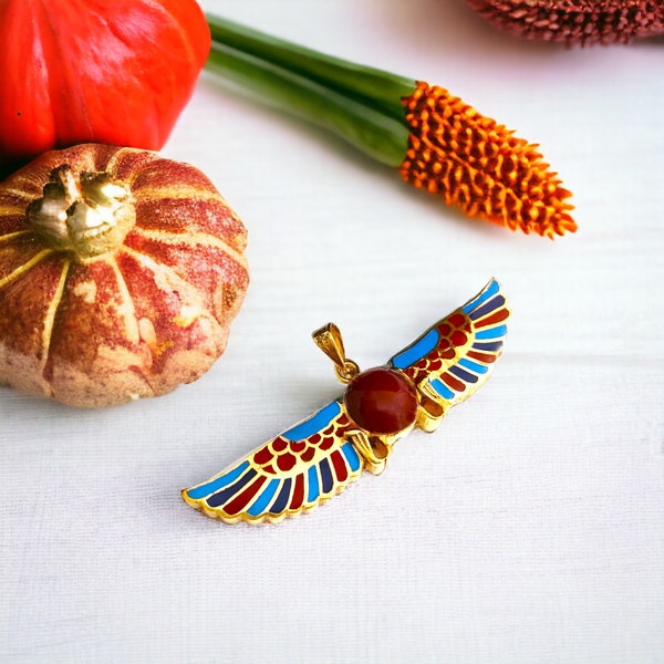 Winged Sun Desk Gold Pendant Necklace,  Egyptian Jewelry Gifts for Men and Women