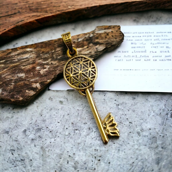 Gold Flower Key of Life Pendant Necklace, Egyptian Jewelry, Gift For Men and Women