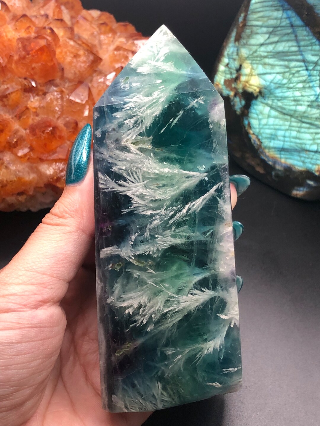 STUNNING High Quality Snowflake Fluorite Chunky Tower Rainbow Feather