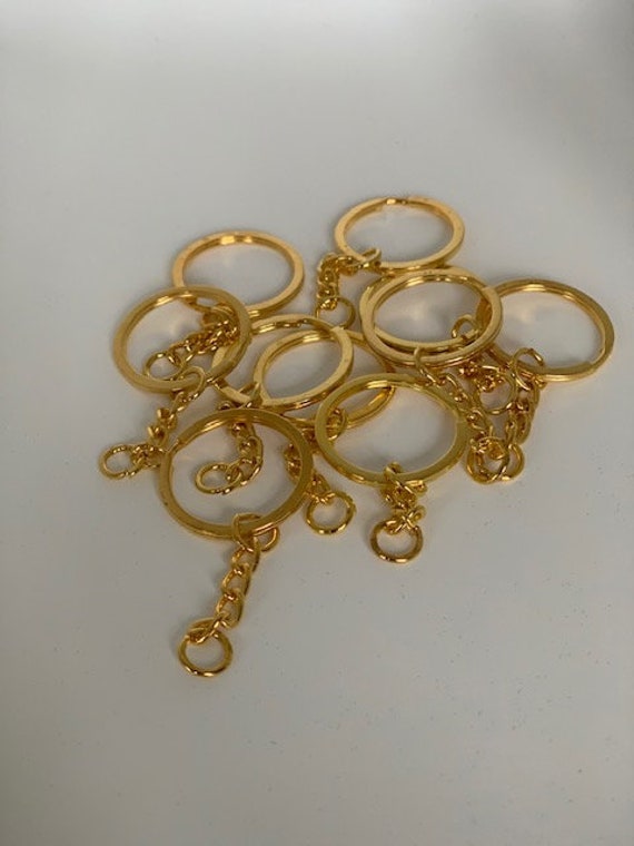 30mm 24 k Shiny Gold Plated Key Chain Rings with Attached Chain , Split Key  Chain Rings - GLD448