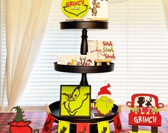 Grinchy Christmas Wood Tiered Tray Set