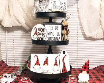 DIY Buffalo Plaid Gnome Wood Tiered Tray Set