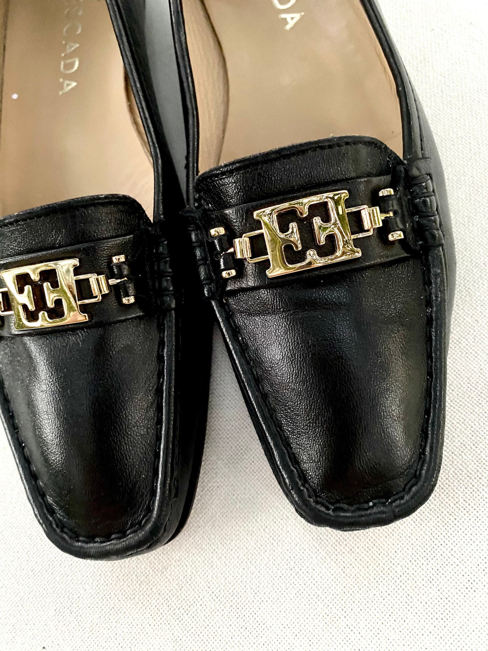 Escada Made In Italy Vintage Black Leather Loafers Gold Tone | Etsy