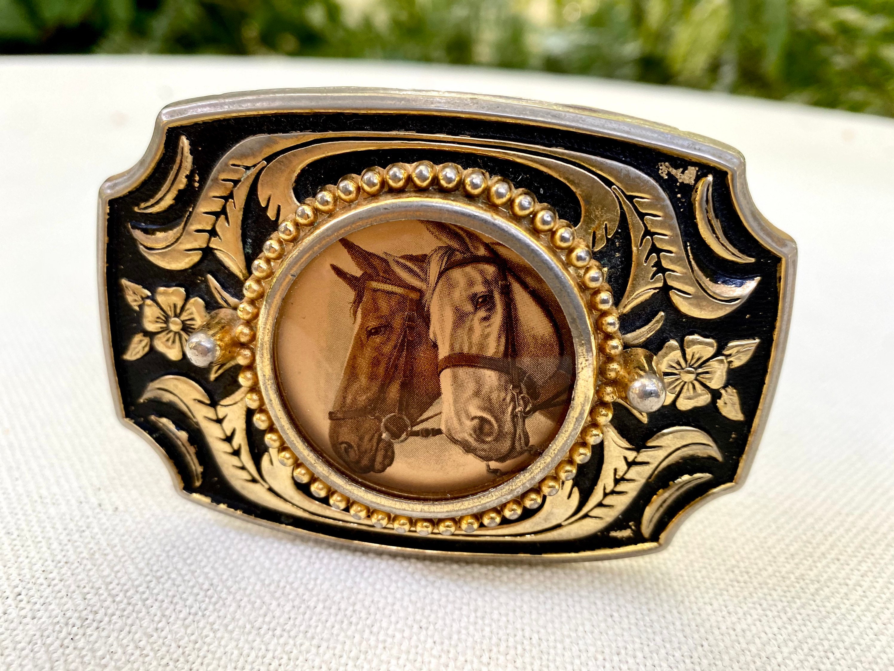 Western Belt Buckle 1970s 4.5 inches Mens Vintage Horse Large Equestrian 