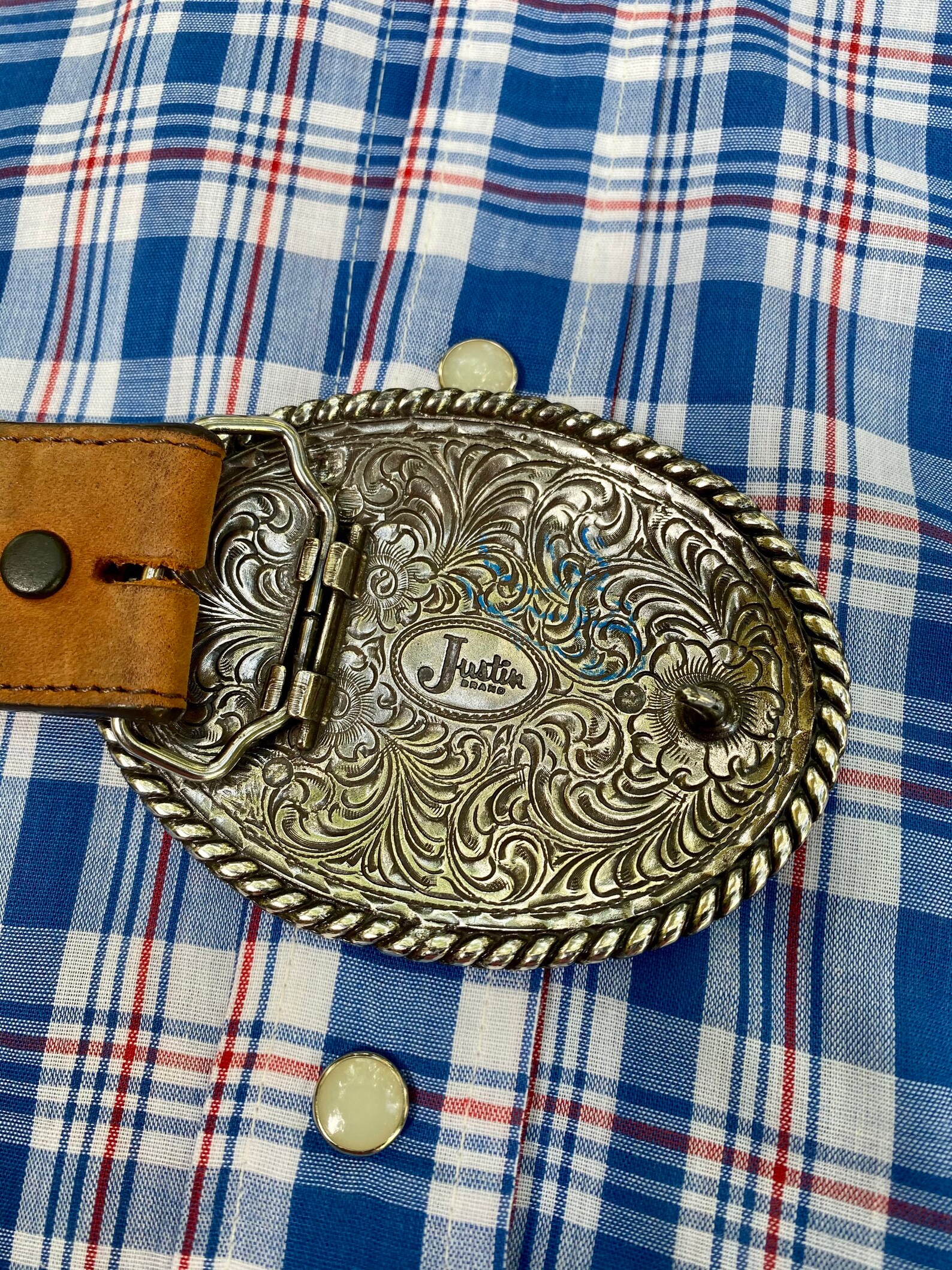 Justin Brand Hand Tooled Leather Belt With Trophy Pewter Tone Etsy