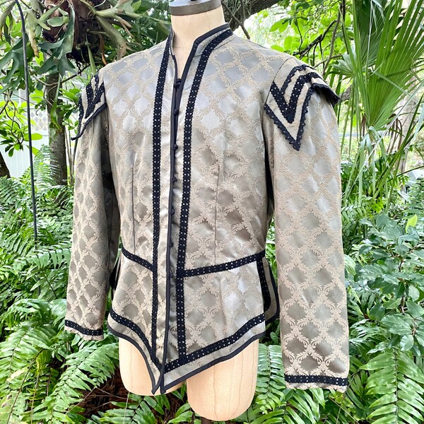 Brocade Renaissance Styled Ladies Jacket Edwardian Wasit Coat Costume Theatrical Piece with Lace Up Front and Black Gimp Trim Size Large