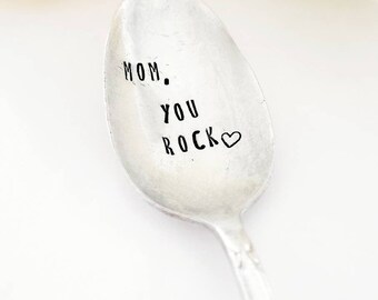 Mom You Rock Spoon,Vintage Silver Plated teaspoon,Gift for Mom,Gift for Mama,Gift for Mother,Gift from Daughter,Gift from Son