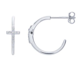 Sterling Silver CZ Cross Hoop Post Earrings