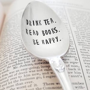 drink tea,read books,be happy,tea spoon,tea lover gift,tea,tea basket idea,tea box idea,vintage tea spoon,vintage silver,book gift,book lover gift,book gift