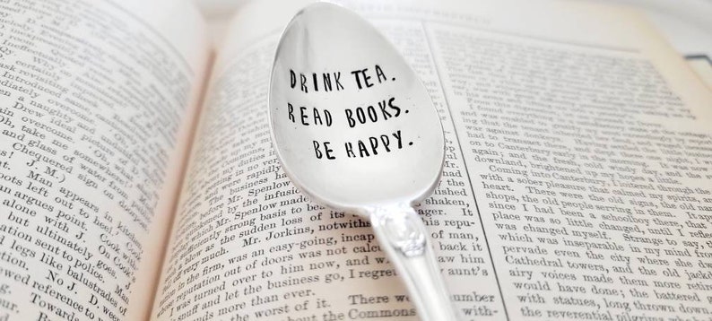 drink tea,read books,be happy,tea spoon,tea lover gift,tea,tea basket idea,tea box idea,vintage tea spoon,vintage silver,book gift,book lover gift,book gift