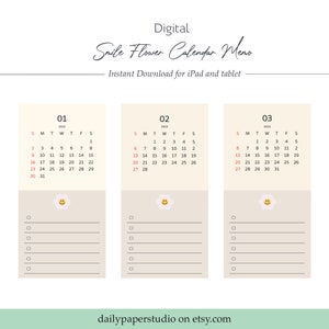 Blocos de notas de calendário de flores sorridentes, blocos de notas em branco em cores pastel, notas boas, notabilidade, download instantâneo, adesivos digitais