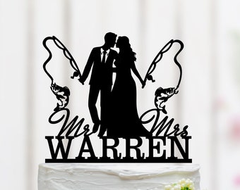 Fishing Cake Topper, Fisherman Wedding Cake Topper, Fishing Poles Cake Topper, Fishing Theme Decor, Wedding Bride And Groom Cake Topper 069