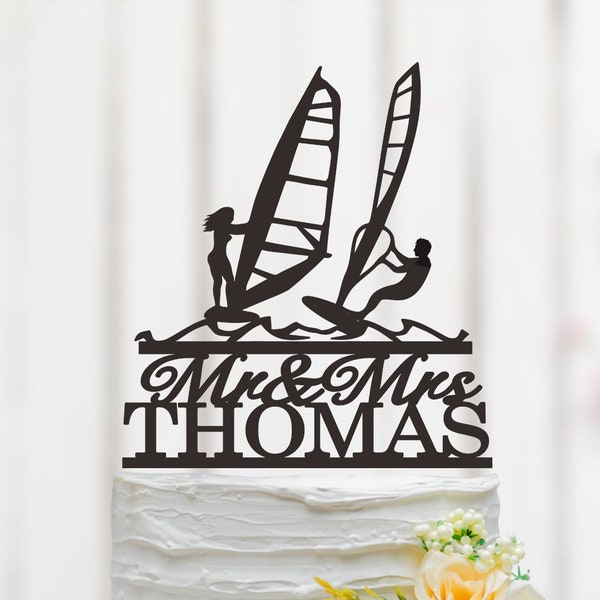 Windsurf Wedding Cake Topper, Windsurfer Cake Topper, Windsurf Theme Decor, Surfboard Cake Topper, Mr And Mrs Cake Topper 147