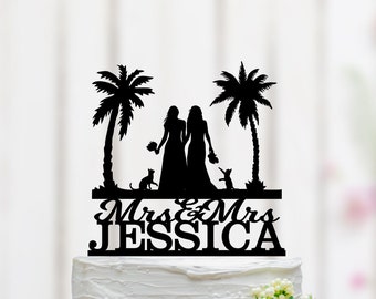 Lesbischer Torten torten topper, Beach and Palm Cake Topper, Same Sex Cake Topper, Mrs And Mrs Cake Topper, Zwei Bräute Custom Cake Topper 037