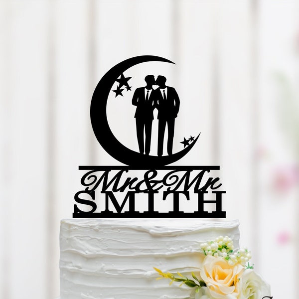 Gay Wedding Cake Topper, Moon And Star Cake Topper, Mr And Mr Cake Topper, Same Sex Wedding Decoration, Gay Silhouette Cake Topper 039