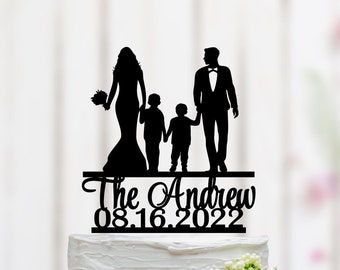 Family Cake Topper, Family Wedding Cake Topper, Couple Cake Topper, Mr And Mrs Cake Topper With Children, Family Theme Party 029