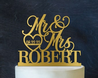 Gold Wedding Cake Topper, Custom Cake Topper Personalized, Mr And Mrs Cake Topper, Rustic Cake Topper, Wedding Decor, Unique Cake Topper 004