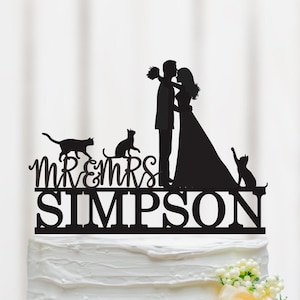 Wedding Cake Topper With Cat, Cats Silhouette Cake Topper, Mr And Mrs Cake Topper, Cat Theme Decor, Couple Cake Topper 151