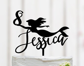 Topper de pastel de cumpleaños de sirena, topper de pastel de sirena personalizado con nombre, decoración de fiesta de cumpleaños de sirena, topper de pastel de edad, decoración de cumpleaños 088