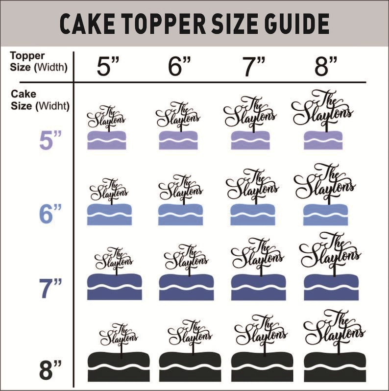 May include: Cake topper size guide showing different sizes of cake toppers with the text "The Slaytons" in a cursive font. The guide shows how the topper will look on a 5", 6", 7", and 8" cake.