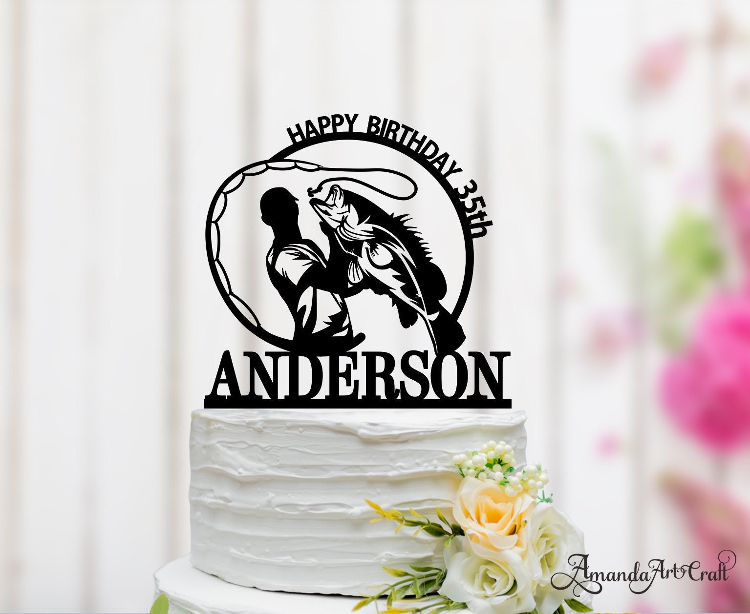 Fishing Cake Topper Gone fishing Cake with Bass Reed Happy Birthday Sign