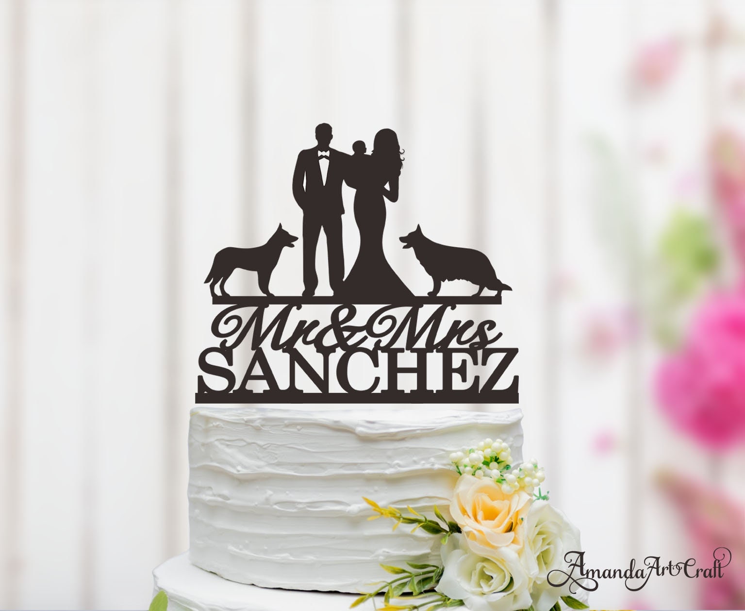 Cake Topper Brautpaar Mit Kindern Pink Glitzer - Für Die Hochzeitstorte
