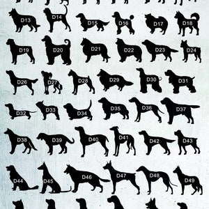 May include: A chart with black silhouettes of 61 different dog breeds labeled with numbers D1 through D61. The chart is on a white background.
