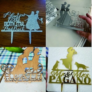 May include: Four different cake toppers featuring a couple. The first topper is silver glitter and says "I love you to the Death Star and back". The second topper is silver mirror and says "So this is love". The third topper is wood and says "Mr & Mrs Heath May 7 2022". The fourth topper is gold mirror and says "Mr & Mrs Pagano" with two dogs.