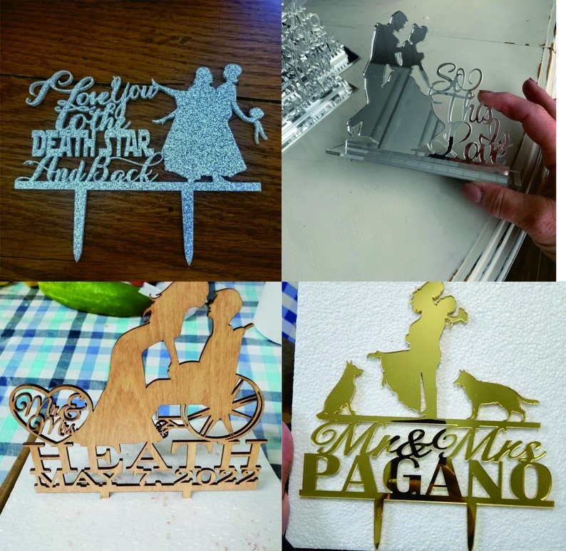 May include: Four different cake toppers featuring a couple. The first topper is silver glitter and says "I love you to the Death Star and back". The second topper is silver mirror and says "So this is love". The third topper is wood and says "Mr & Mrs Heath May 7 2022". The fourth topper is gold mirror and says "Mr & Mrs Pagano" with two dogs.