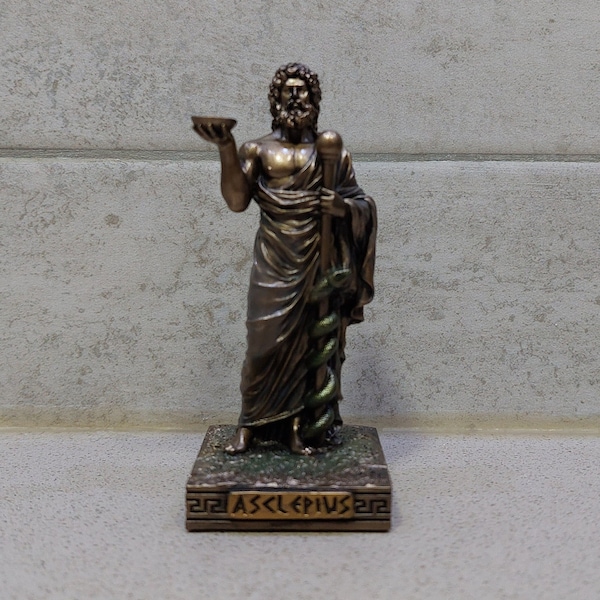 Asclepius God of Medicine Mini Statue 3.54in - 9cm Resin and Bronze Statue with Unique Details