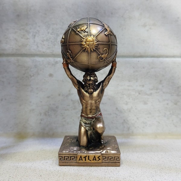 Atlas Titan Carrying Golden Globes 3.66in-9.3cm Ancient Greek Mythology Unique Details Bronze Color Mini Statue Vintage Surfacing