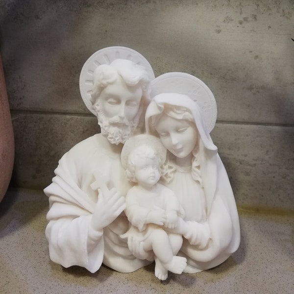 The Holy Family| Jesus-Virgin Mary and Saint Joseph 12.5cm - 4.92in Xmas Religious Statue Handmade Sculpture White Marble and Cast Alabaster