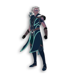 May include: A blue and teal enamel pin featuring a character with white hair, dark skin, and a blue and teal outfit. The character is holding a bow and arrow.