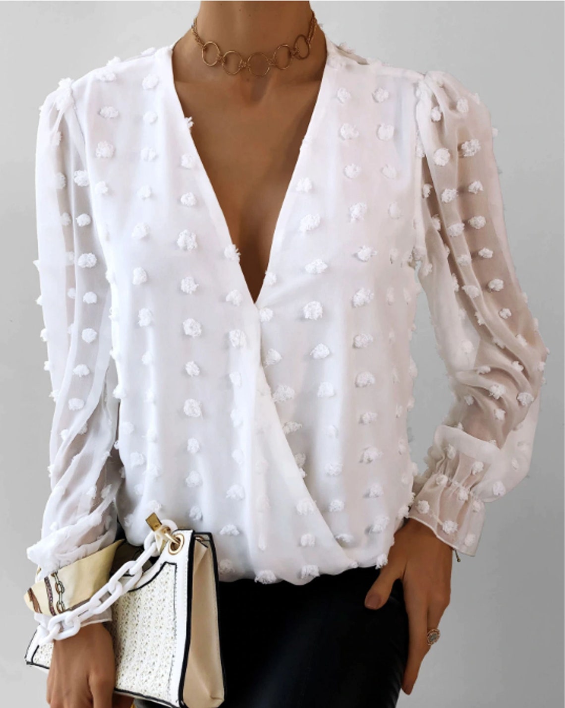 Women's deep vneck top White jacquard fashion shirt Etsy