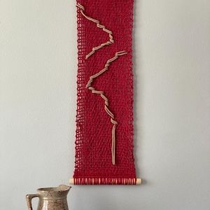 Red & Brown Woven Wall Art, Japandi Macrame Hanging, Abstract Textured Fiber Art, Long Tapestry Weaving, Textile Artwork, Wabi Sabi Decor
