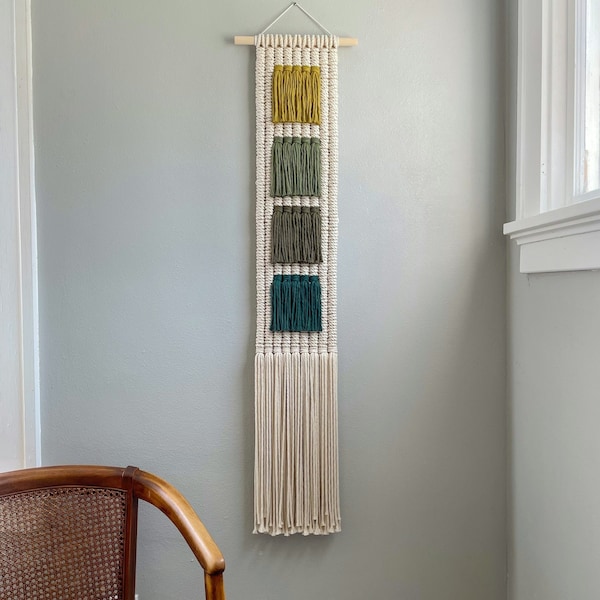 Green Ombre Macrame Wall Hanging, Long Modern Fiber Art Tapestry, Color Block Textile Art, Vertical Woven Wall Art, Japandi Minimalist Decor