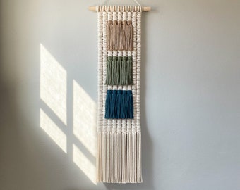 Blue & Green Macrame Wall Art, Vertical Tapestry, Wabi Sabi Textile Artwork, Modern Fiber Art, Long Woven Art Hanging, Minimalist Home Decor