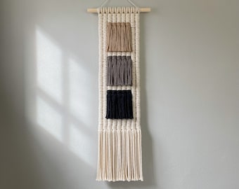 Neutral Macrame Wall Hanging, Vertical Tapestry, Wabi Sabi Textile Art, Modern Fiber Art, Long Woven Wall Art, Japandi Minimalist Home Decor