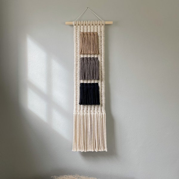 Neutral Macrame Wall Hanging, Vertical Tapestry, Wabi Sabi Textile Art, Modern Fiber Art, Long Woven Wall Art, Japandi Minimalist Home Decor