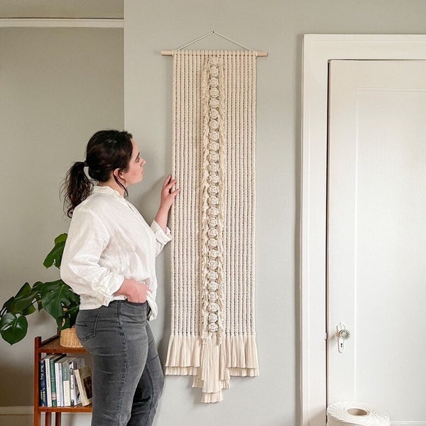 Neutral Fiber Art, Extra Long Macrame Wall Hanging, Tall Vertical Tapestry, Modern Wall Decor, XL Textile Wall Art, Large Living Room Decor